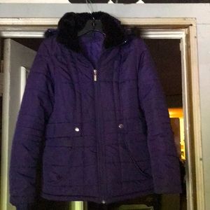 Jacket with black faux fur trim @ hood zip-up